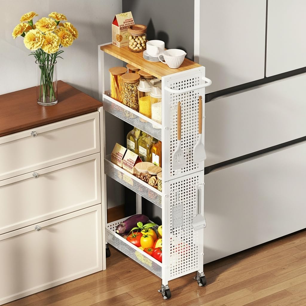 Slim Rolling Storage Cart with Wheels, 4-Tier Metal Utility Cart with Handle & Wood Top, Small Mobile Organizer Shelf Unit for Laundry Room, Kitchen, Bathroom, Office, Narrow Space