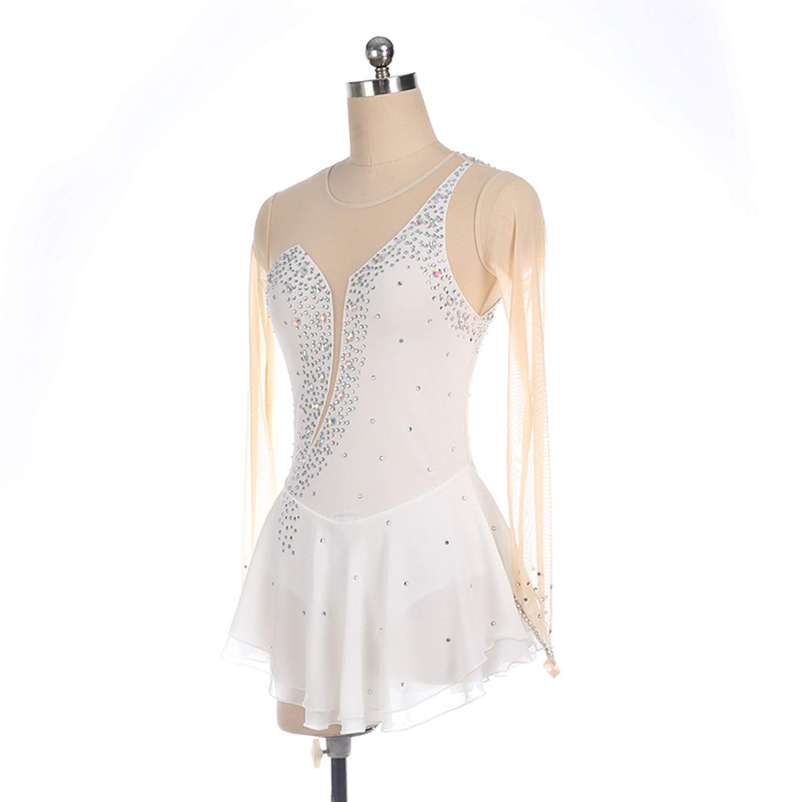 Robe De Patinage Artistique Concours Personnalisé Jupe De Patinage sur Glace pour Fille Femmes Enfants Gymnastique Performance,White-XL
