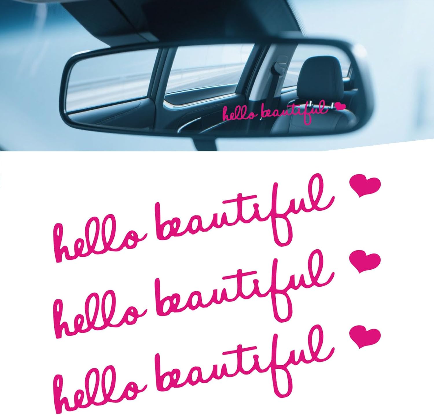 MLY 3 Pack Hello Beautiful Rearview Mirror Decal, Self Affirmations Car Sticker, Cute Vanity Mirror Accessory for Women, Vinyl Decal for Tumbler, Water Bottle & Auto Decor, Pink Car Accessories