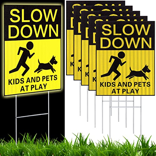 6 Pcs Reflective Kids and Pets at Play Safety Signs with Metal Stake 15 x 12 Inch Double Sided Slow Down Caution Warning for Street Lawn Neighborhoods Children Playing Yard Road Visual Signal (Yellow)