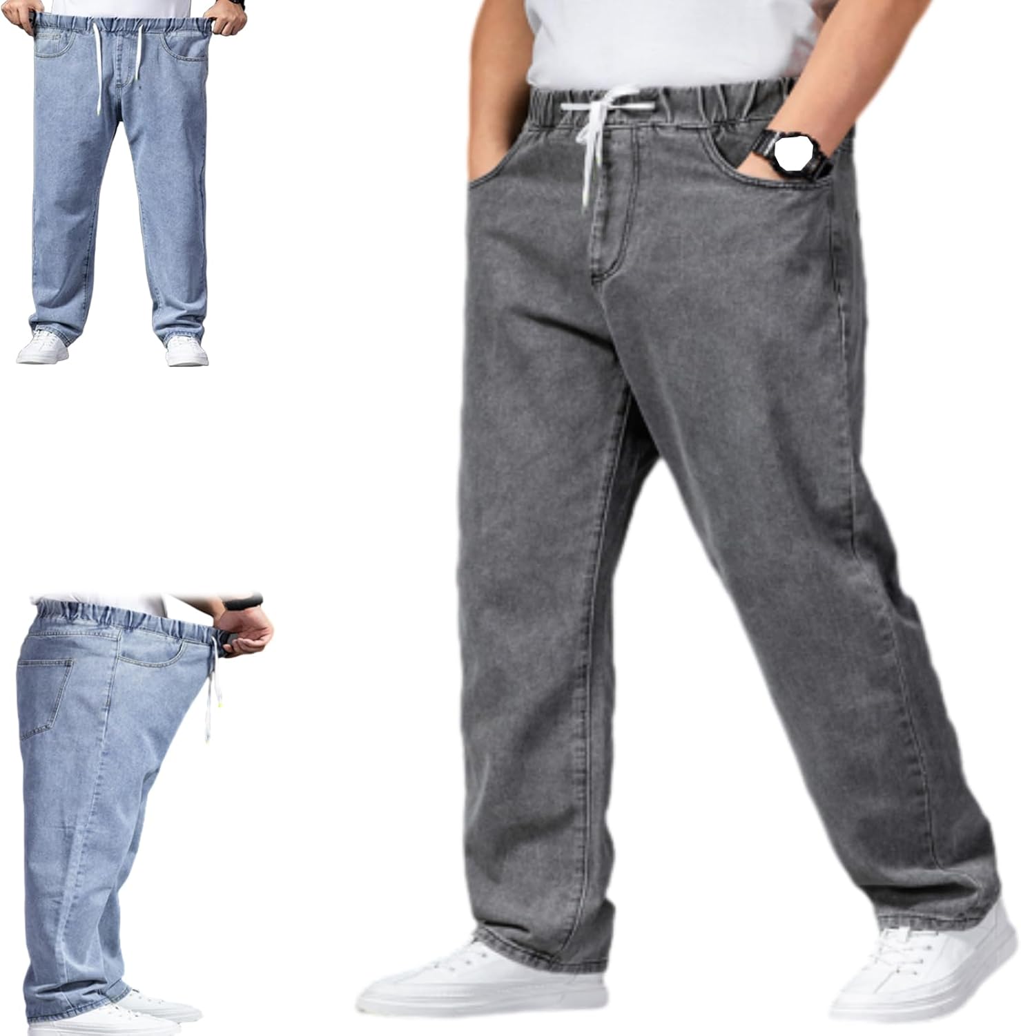 Seniors Mens Pull On Denim Jeans with Elastic Waist, Mens Casual Solid Drawstring Baggy Straight Leg Jean Sweatpants