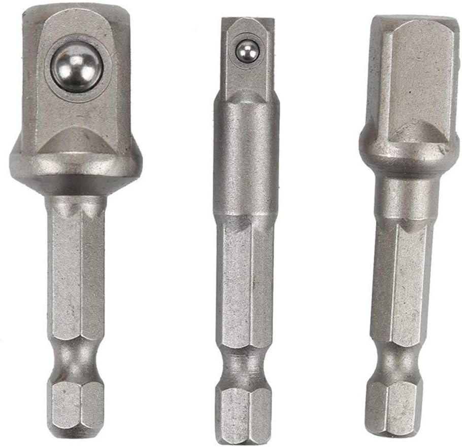 SENMIAO-TH 3pcs/Set Chrome Vanadium Steel Socket Adapter Hex Shank to 1/4" 3/8" 1/2" Extension Drill Bit Bar Hex Bit Set Power Tools