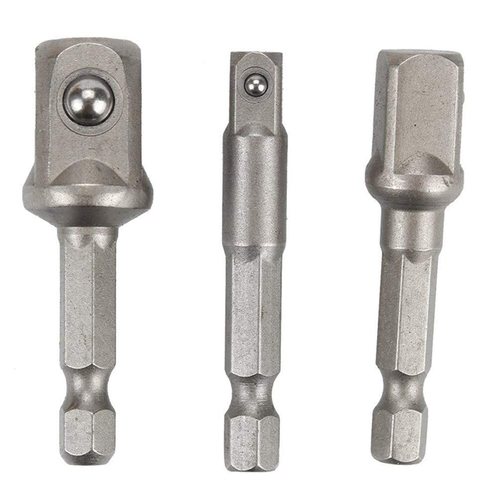 SENMIAO-TH 3pcs/Set Chrome Vanadium Steel Socket Adapter Hex Shank to 1/4" 3/8" 1/2" Extension Drill Bit Bar Hex Bit Set Power Tools
