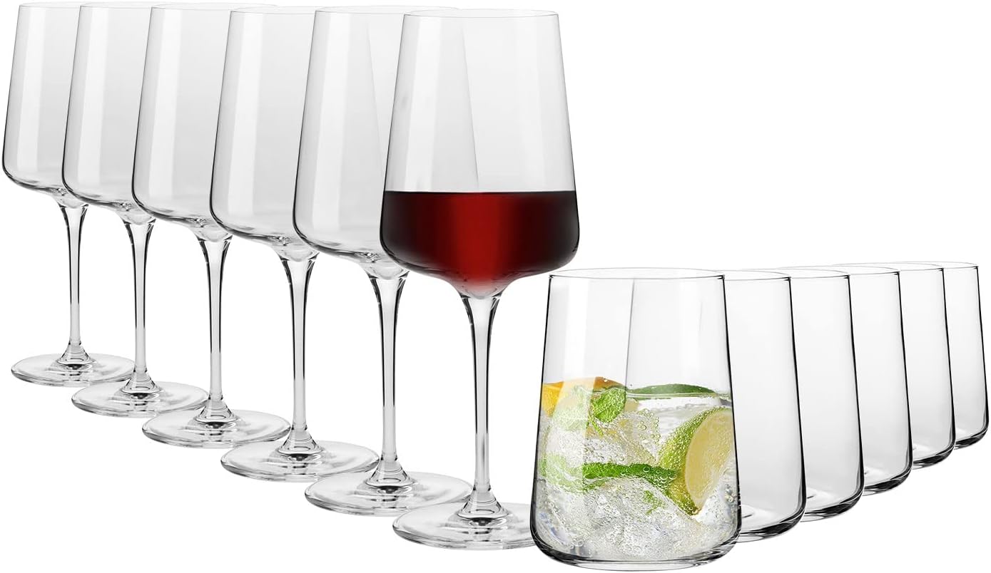 Krosno Glasses Set | 6x water drinks juice glasses 16.6 oz + 6x red wine glasses 16.9 oz | Elegant design | Crystal Glass | Ideal for home, restaurant and party | Dishwasher safe
