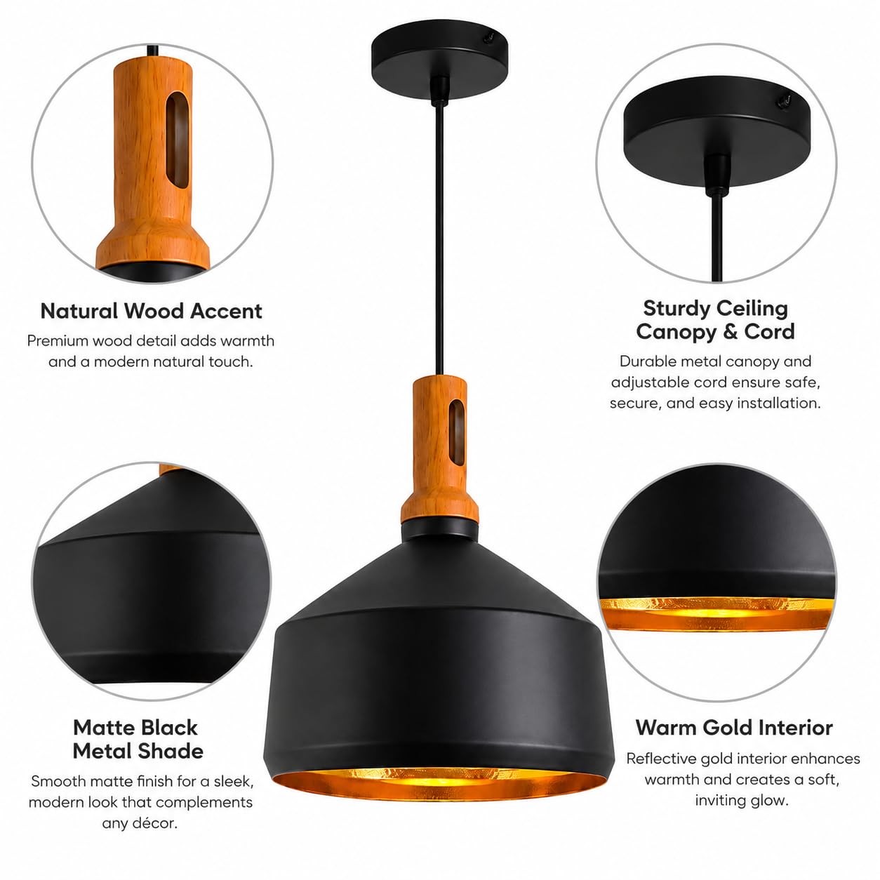 Nowoczesna czarna lampa wisząca przemysłowa z drewnianymi akcentami, metalowa lampa wisząca z regulowanym przewodem i gniazdem E27 na wyspę kuchenną, jadalnię, sypialnię, salon, korytarz i