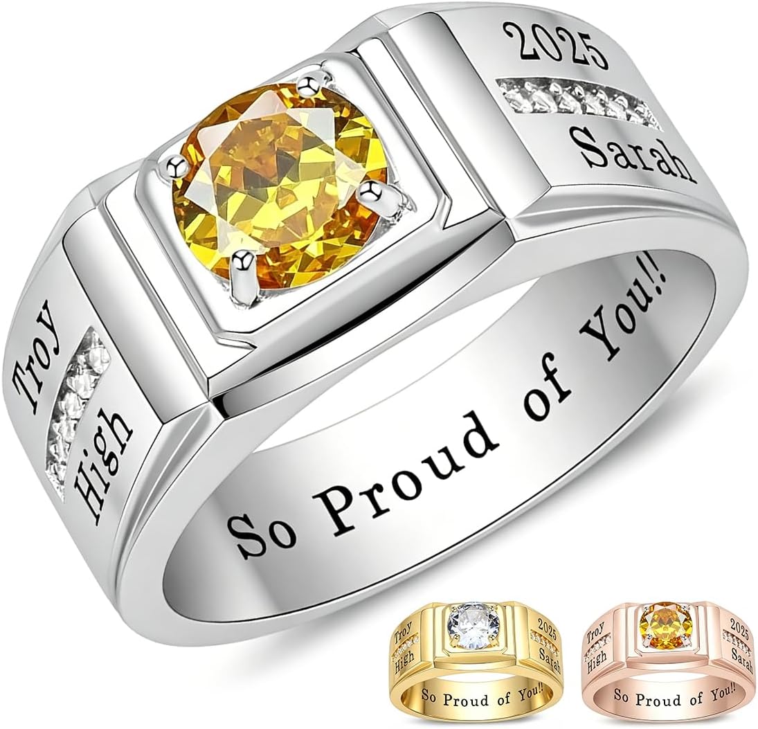 Custom Class Rings Fully Personalized Class Rings for Men Birthstone Men's Sterling Silver Rings Graduation Rings Class Rings for Men High School Size 5-15 Men's High School Class Rings