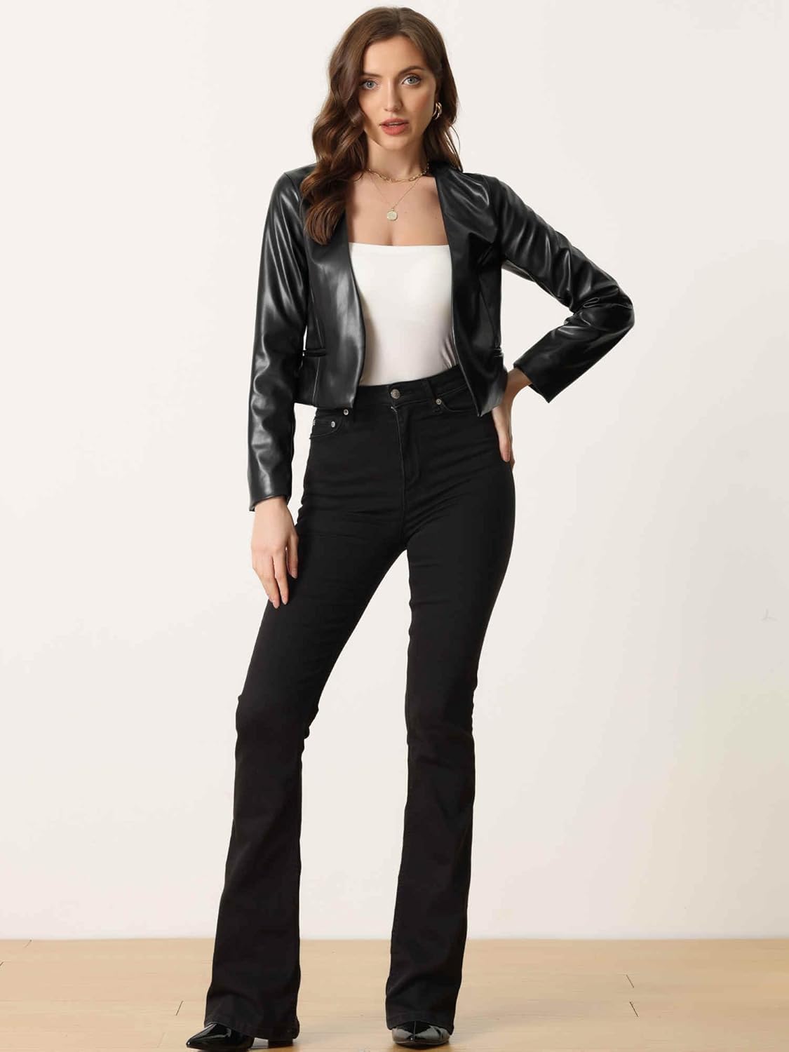 Allegra K Faux Leather Jacket for Women's Collarless Open Front Crop PU Moto Biker Jackets - Image 4