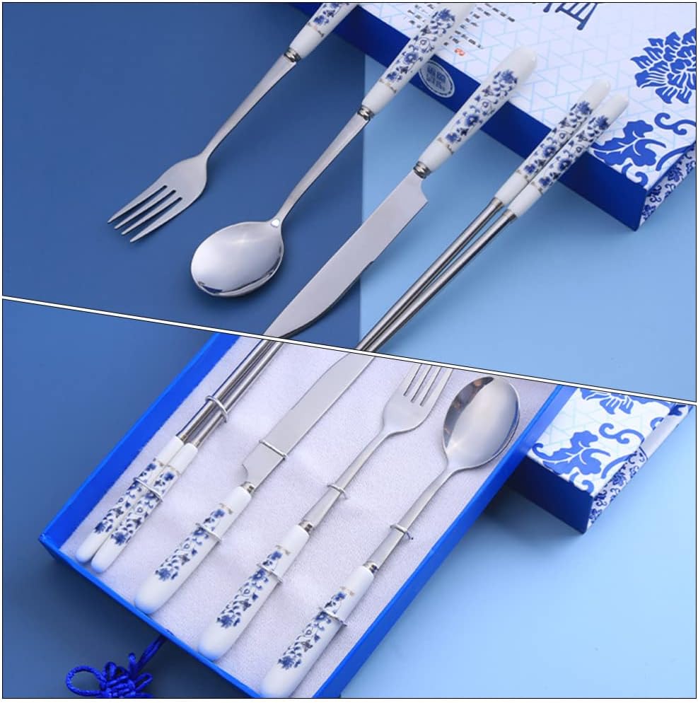 HEMOTON 1 Set White and Blue Porcelain Silverware Silverware Flatware Cutlery Set Stainless Steel Utensils Cutter Fork Spoon Chopsticks