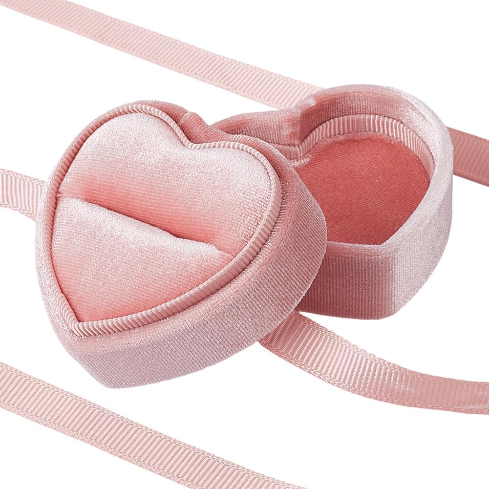 SUNNYCLUE Pink Heart Shaped Ring Box Heart Velvet Ring Box Small Necklace Organizer Soft Holder with Ribbon Keepsake Case Packages for Women Men Wedding Proposals Ceremony Travel Gifts Valentine Day