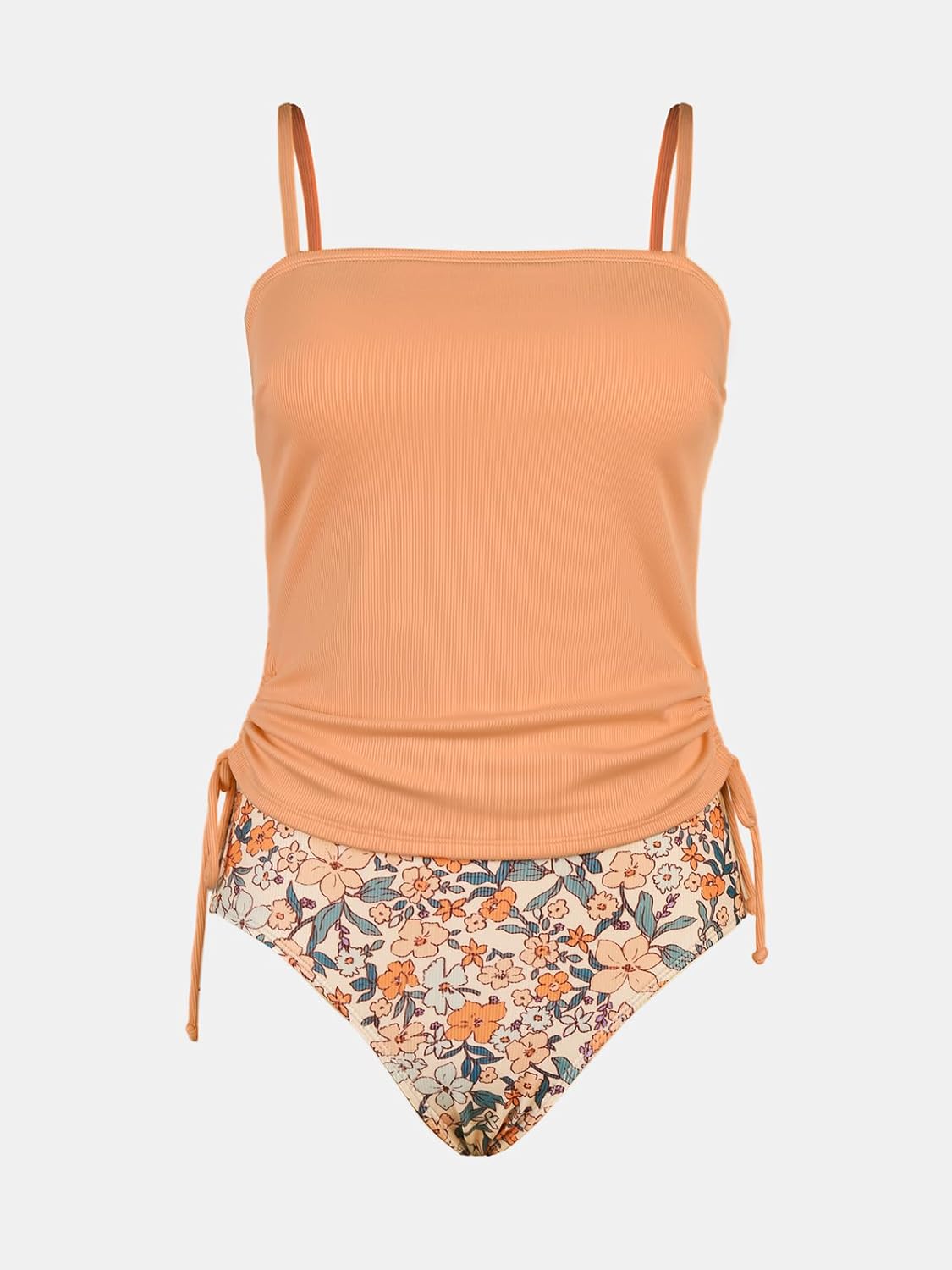 CUPSHE Women's Tankini Set Two Piece Swimsuit Ruched Drawstring Bathing Suits with High Waisted Bottom Rib - Image 5