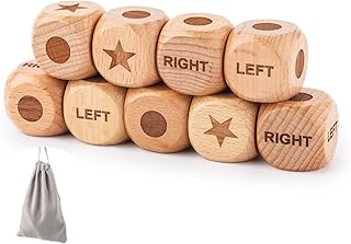 Wooden Right Left Center Dice Game Set, 9pcs Wooden Dice Dice for Left Right Center only 1 x 1 Inch Dice for Games with Storage Bag Board Games Accessories