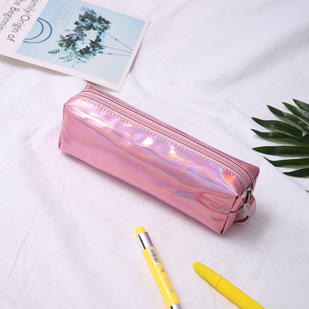Trousse Holografica Effetto Laser Rosa – Astuccio Per Pennelli Trucco, Penne, Scuola, Beauty Case – 19x9x6 Cm, Impermeabile, PU