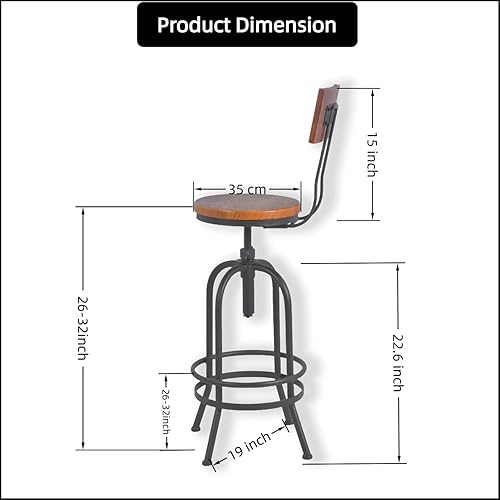 Miniatura 2 de Set of 2-Industrial Bar Stools with Backrest-Swivel Wood Seat-Bar Counter Height Adjustable 26-32.2inch-Kitchen Island Dining Chair