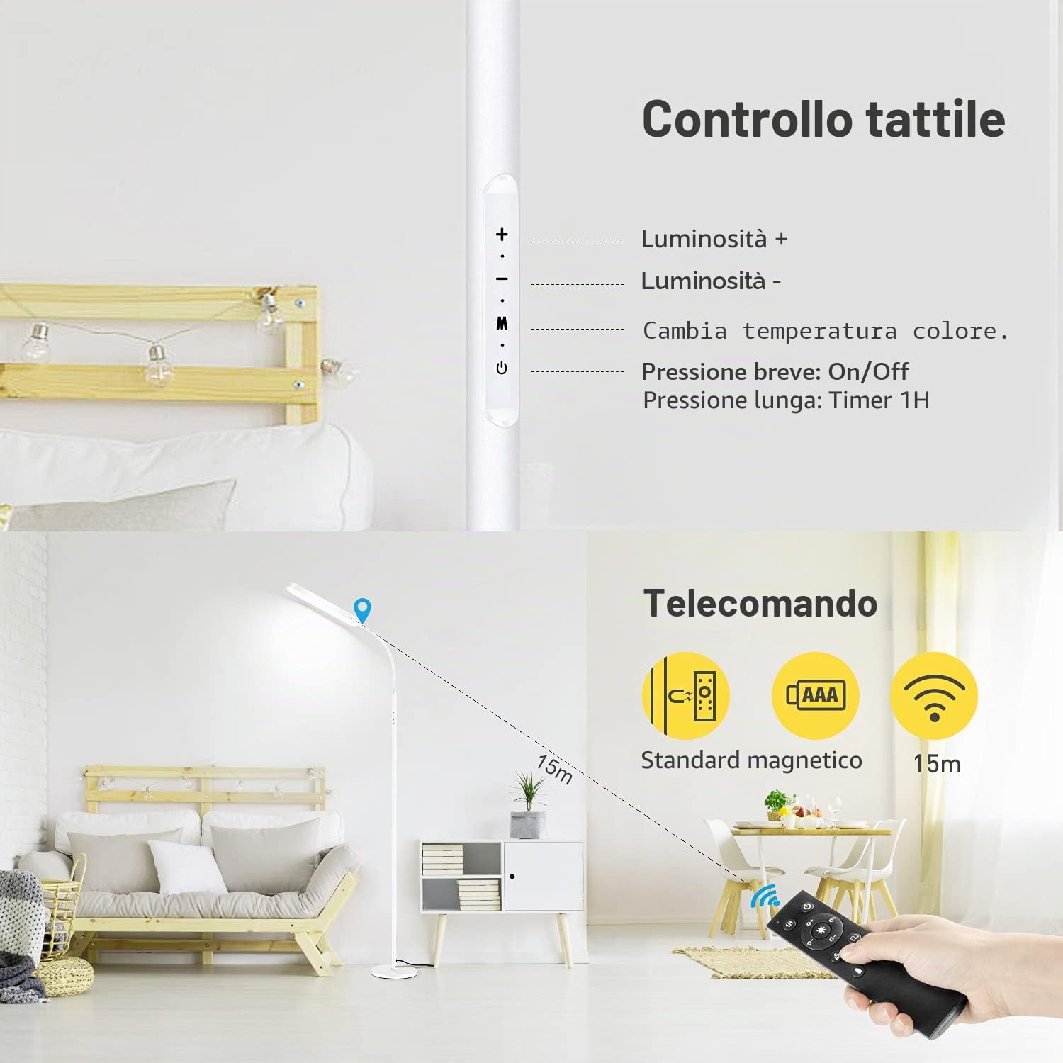OUTON Lampada da Terra LED Dimmerabile, 12 W/1200 LM, Moderna | Lampada da Lettura Regolabile con 4 Temperature di Colore, Telecomando e Controllo Touch, illuminazione per Soggiorno, Bianco