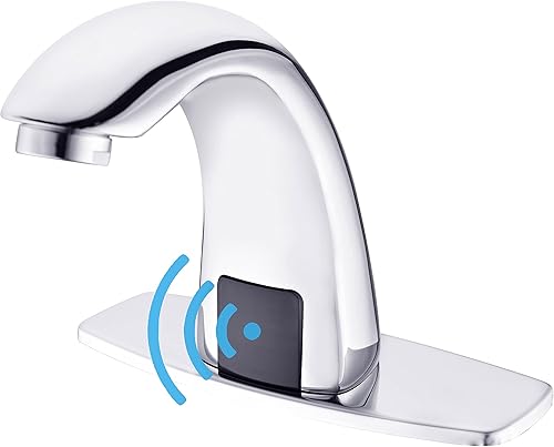 Qeemee Grifo de lavabo de baño sin contacto con sensor automático con placa de cubierta de agujero sensor alimentado por CC manos libres con control