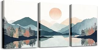 jejeloiu Sun Lake Canvas Wall Art for Living Room Bedroom 12"x16"x3pcs Kids Mountain Picture Wall Decor for Home Decor Bathroom Blue Pink Office Decorations Artwork Posters Nature Landscape Painting