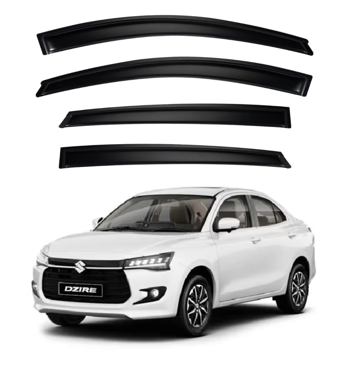 ShopClub Premium Smoke Car Door Visor Front+Rear Sun/Rain Guard Outside Mount Tape-On Window Visors Compatible with Suzuki Dzire (2025)