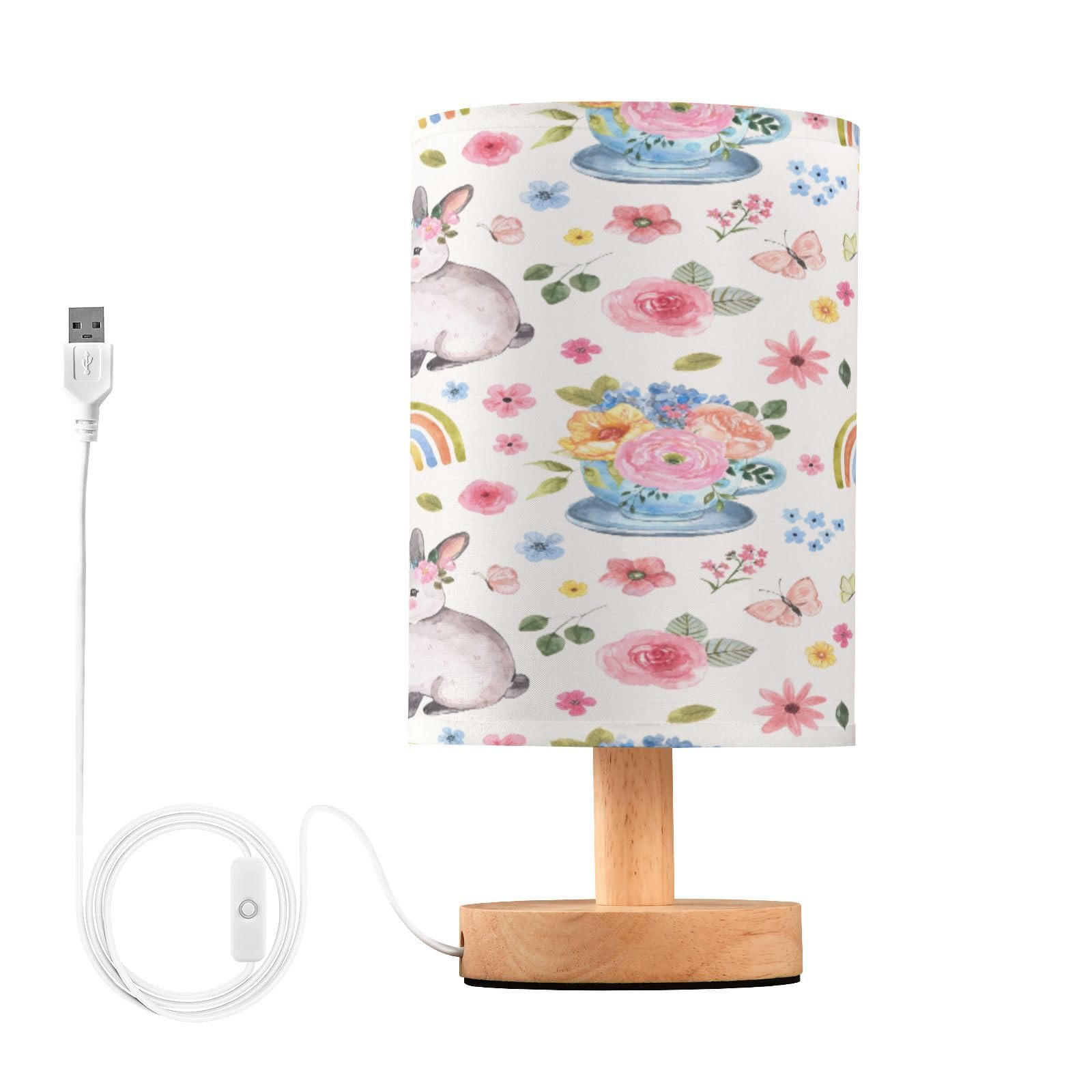 SDMKA Cute Bunny Easter Bedside Table Lamp for Bedroom, Minimalist Nightstand Lamp with Round Fabric Shade for Living Room, Office, No Bulb Required