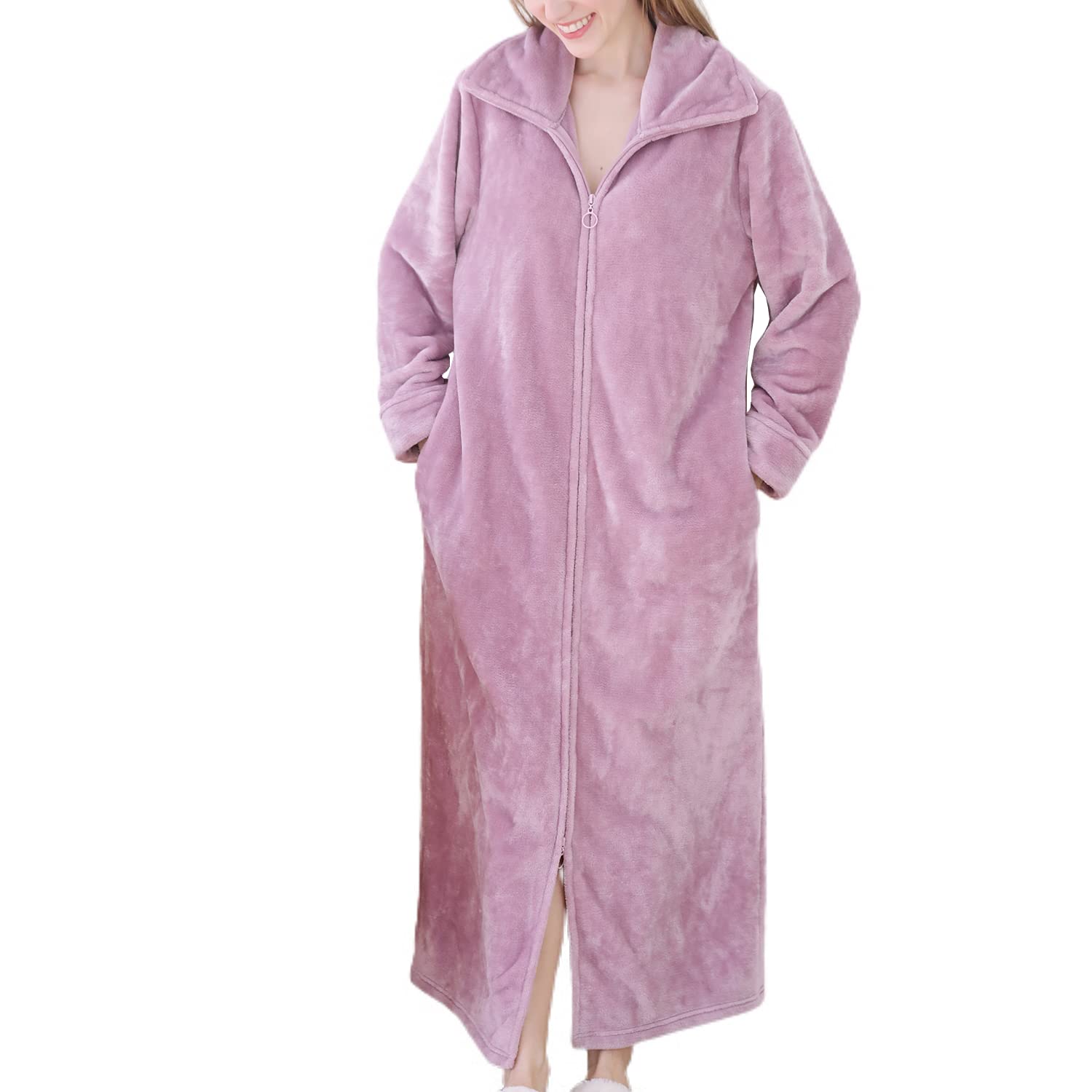 Homgro Women's Long Housecoat Fuzzy Bath Robe Fleece Oversized Zipper Thick House Coat Warm Winter