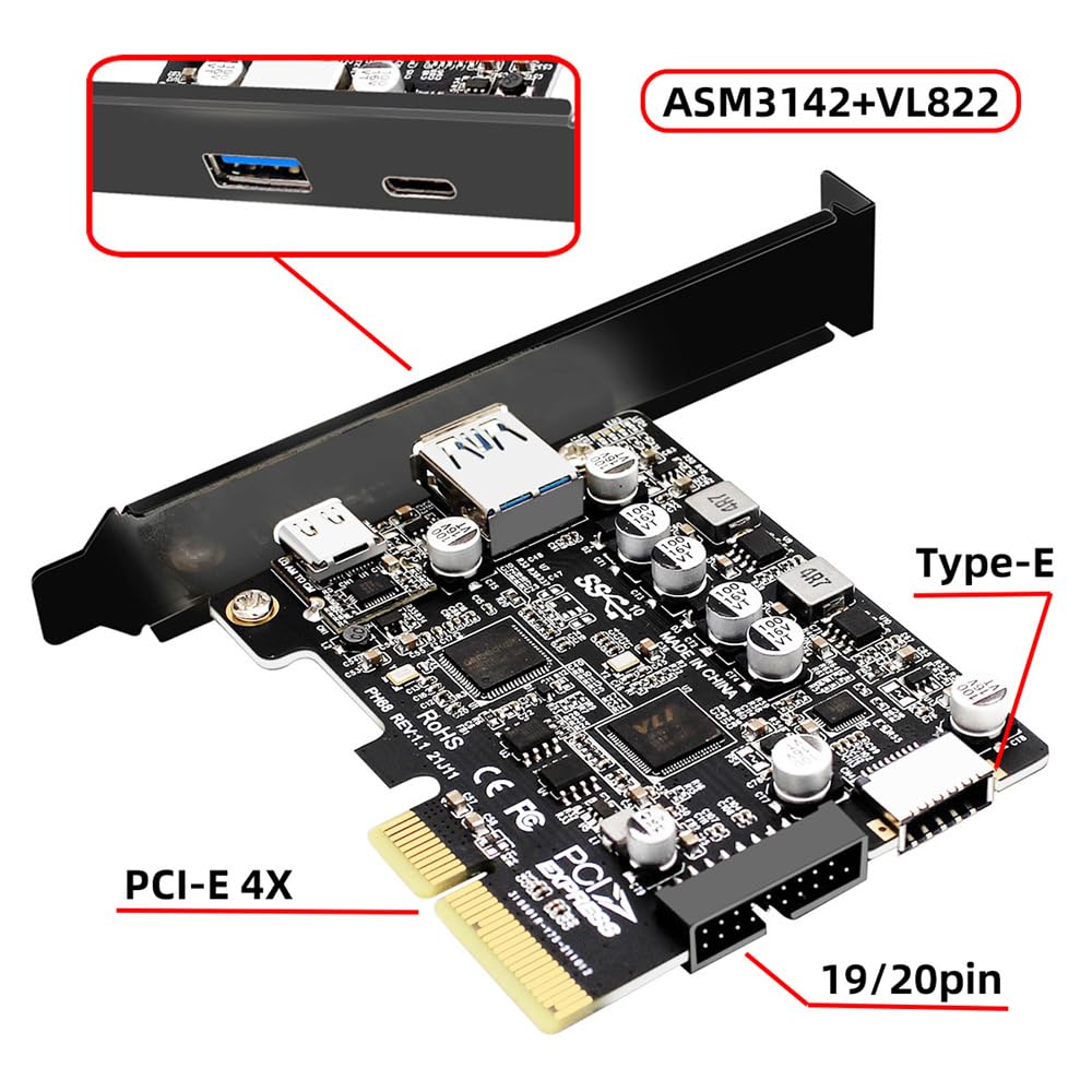 cablecc PCI-E 4X to 4 Port 10Gbps USB A/USB C/USB 3.0 20Pin/USB 3.1 Front Panel Socket USB 3.1 Gen2 PCI Express Expansion Card Adapter with ASM3142 VL822 Dual Chipset