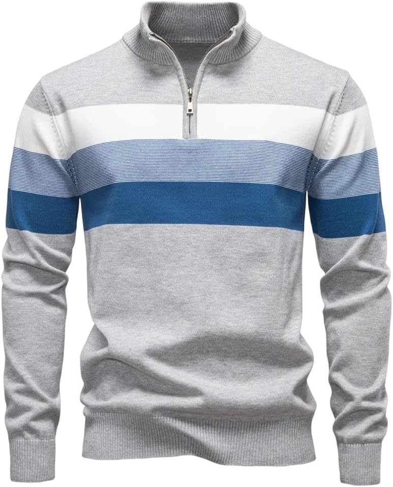 Men's Casual Quarter-Zip Mock Neck Pullover Sweater Long Sleeve Stand Collar Warm Top