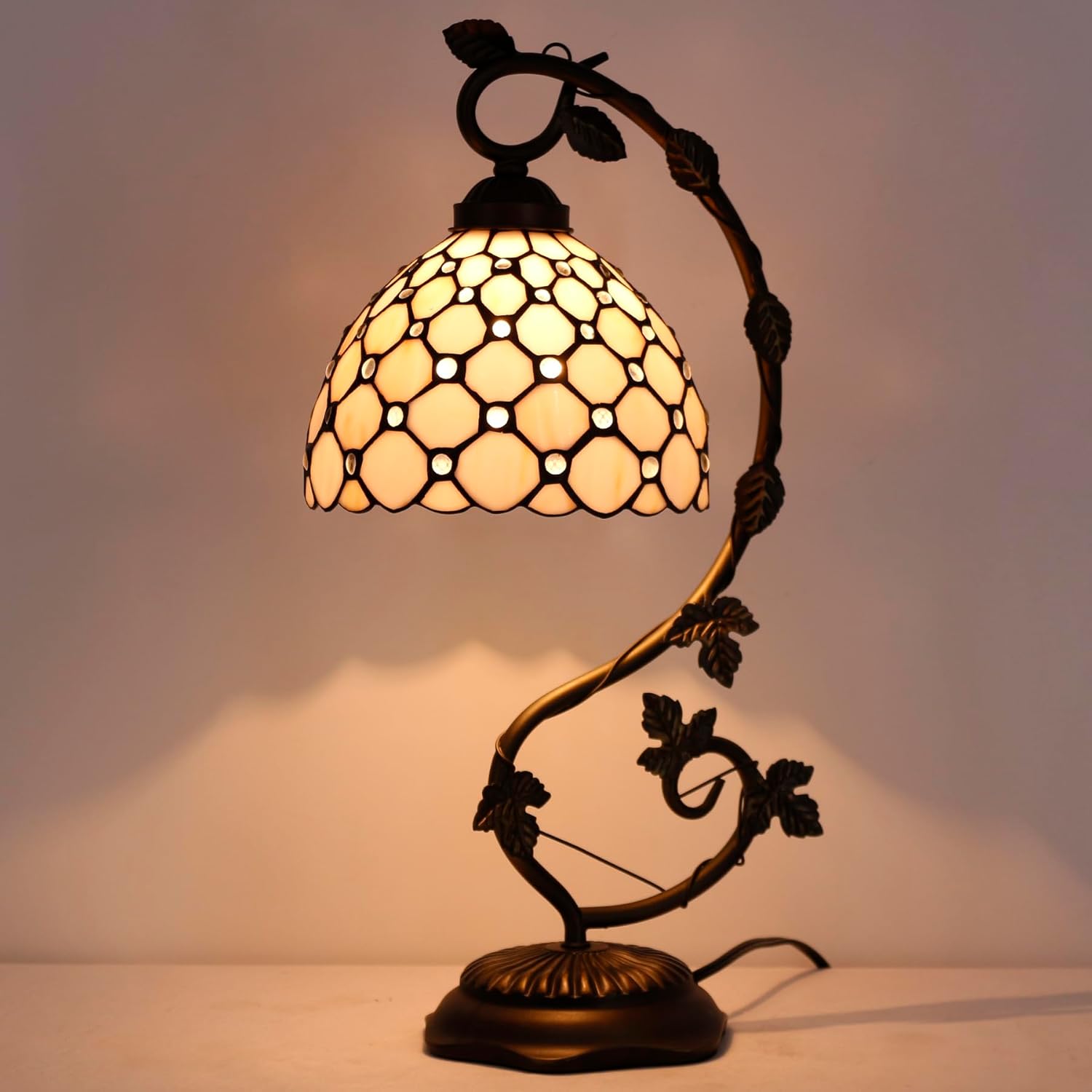WERFACTORY Tiffany Table Lamp Cream Stained Glass Pearl Style Desk Light with Metal Leaf Base 8X10X21 Inches Decor Small Space Bedroom Home Office S005 Series
