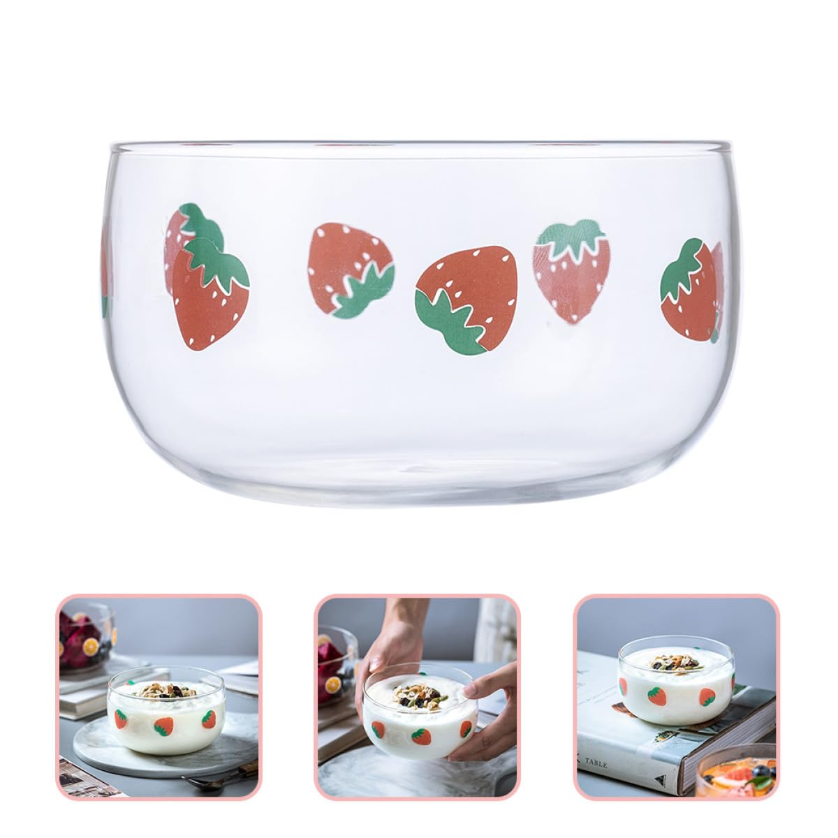 Cabilock 4 Piezas Cuencos de Vidrio con Diseño de Fresa para Ensaladas y Frutas Recipientes para Servir Postres Cocina Doméstica