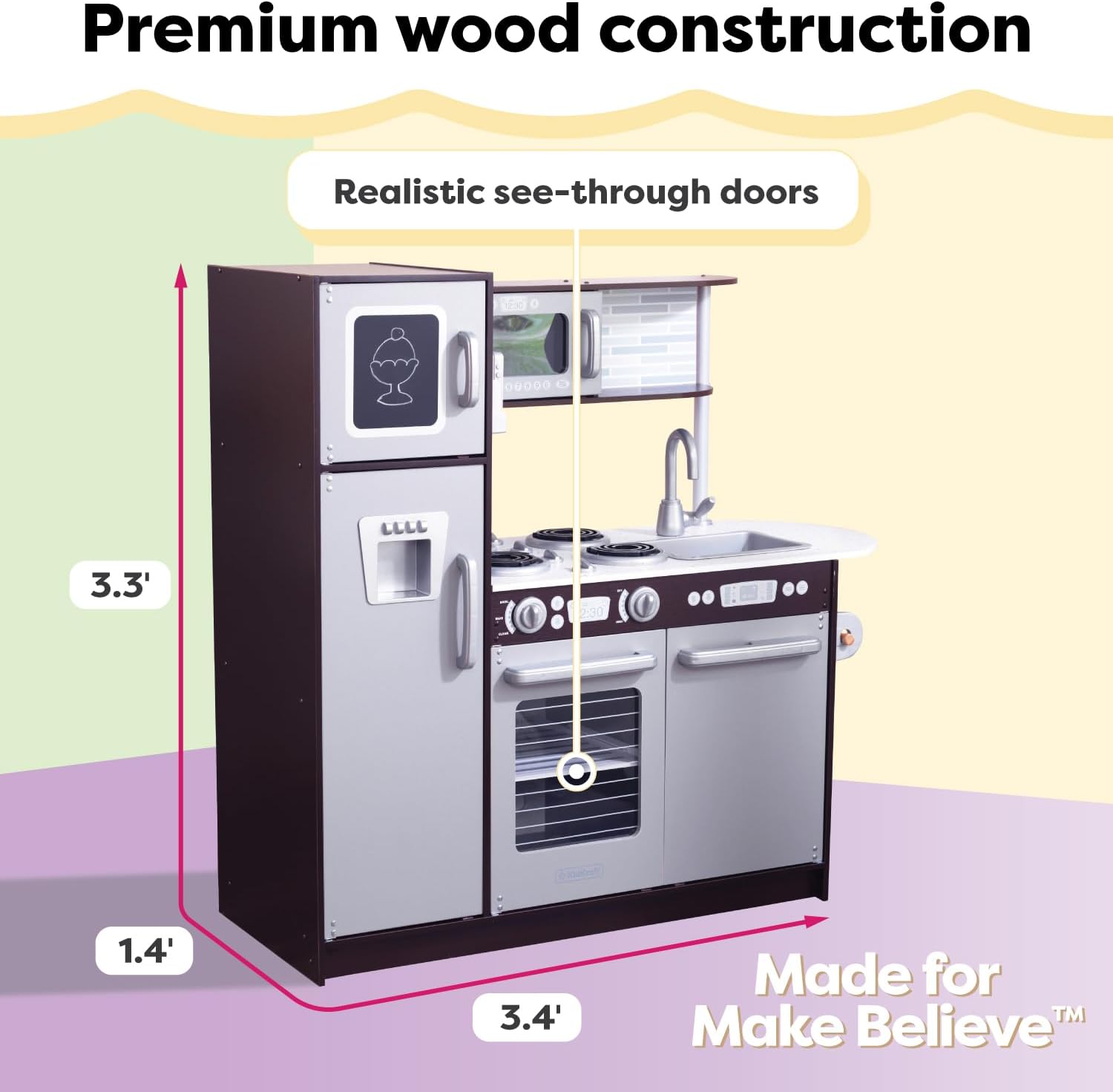 KidKraft Uptown Espresso Wooden Play Kitchen, showing product dimensions