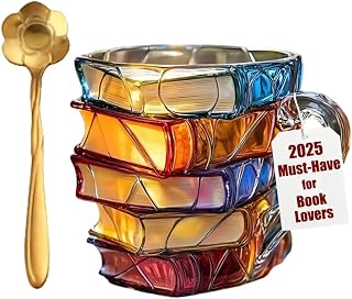 Book Themed Mugs 3D,Painted Chapter Book Mug Designs Novelty Coffee Mugs,Stain Glass Books Mug,Vintage Hand-Painted Coffee Cup,8 Oz Stacked Books Cups,Gift for Readers Literature Lovers(1PC)