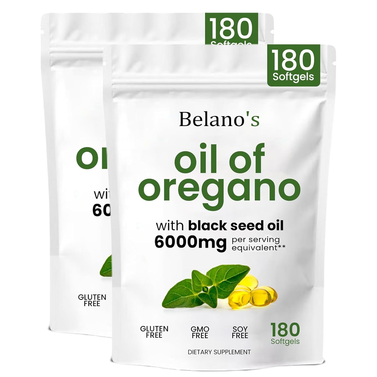 Belano's Oregano Oil, Belano's Oil of Oregano Softgels with Black Seed Oil 6000mg, Carvacrol & Thymoquinone | Non-GMO, Plant Based, Gluten-Free - 180 Softgels (2 Bags)