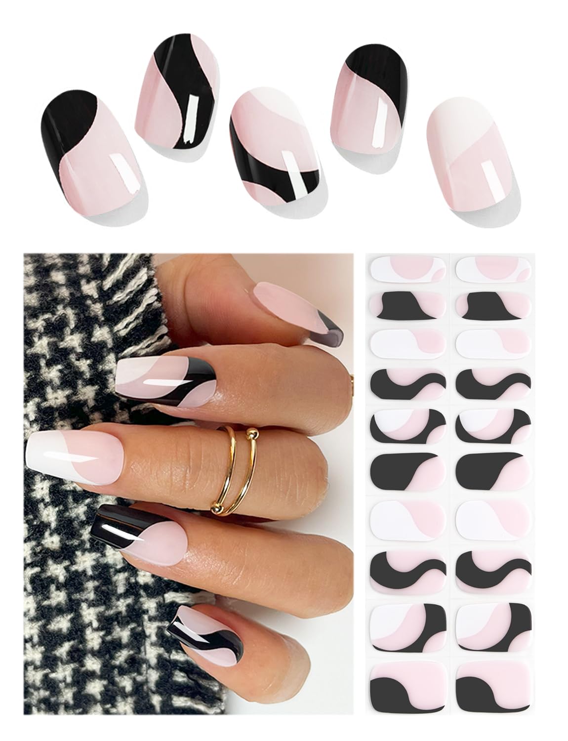 Wahrshei Pegatinas de Gel | Blanco y Negro Pegatinas Uñas Gel | 20 Pcs Gel Semicurado de Pegatinas | Adhesivos para Uñas de Gel, Envolturas de Esmalte de Gel para Uñas