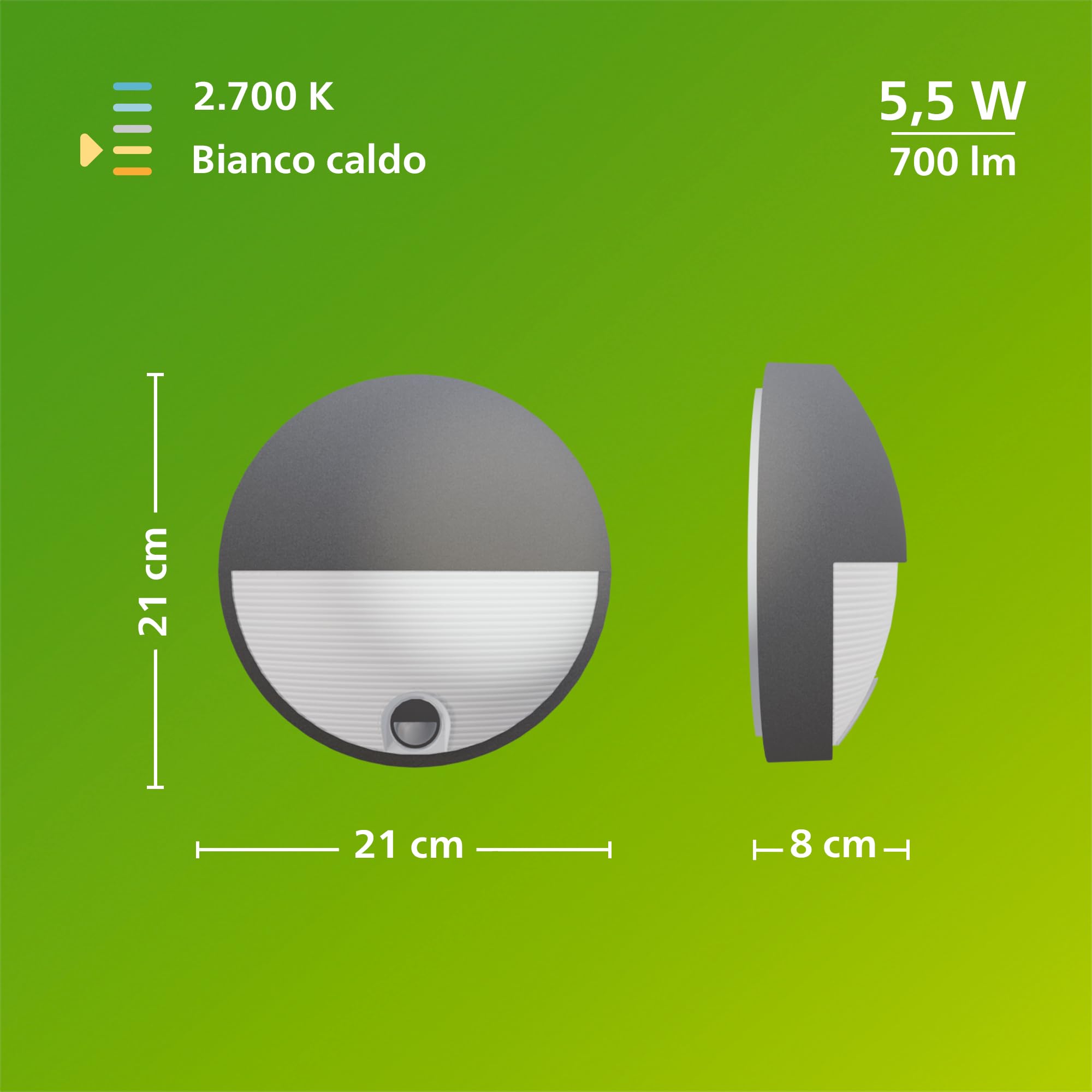 PHILIPS Capricorn Applique da Esterno, 700 lm, Luce Bianca Calda 2700 K, IP44 Resistente alle Intemperie, Durevole, Alluminio, incl. Sensore di Movimento, Grigio Antracite