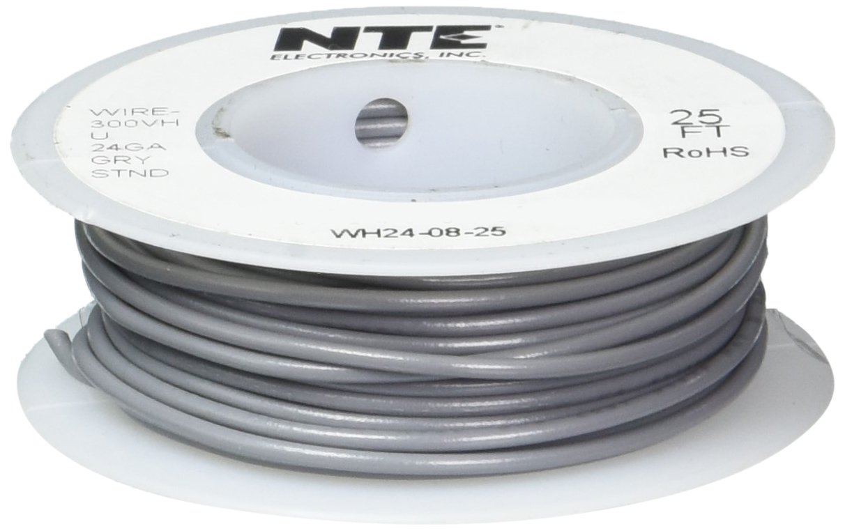 NTE Electronics WH240825 Hook Up Wire, Stranded, Type 24 Gauge, 25' Length, Gray Speaker
