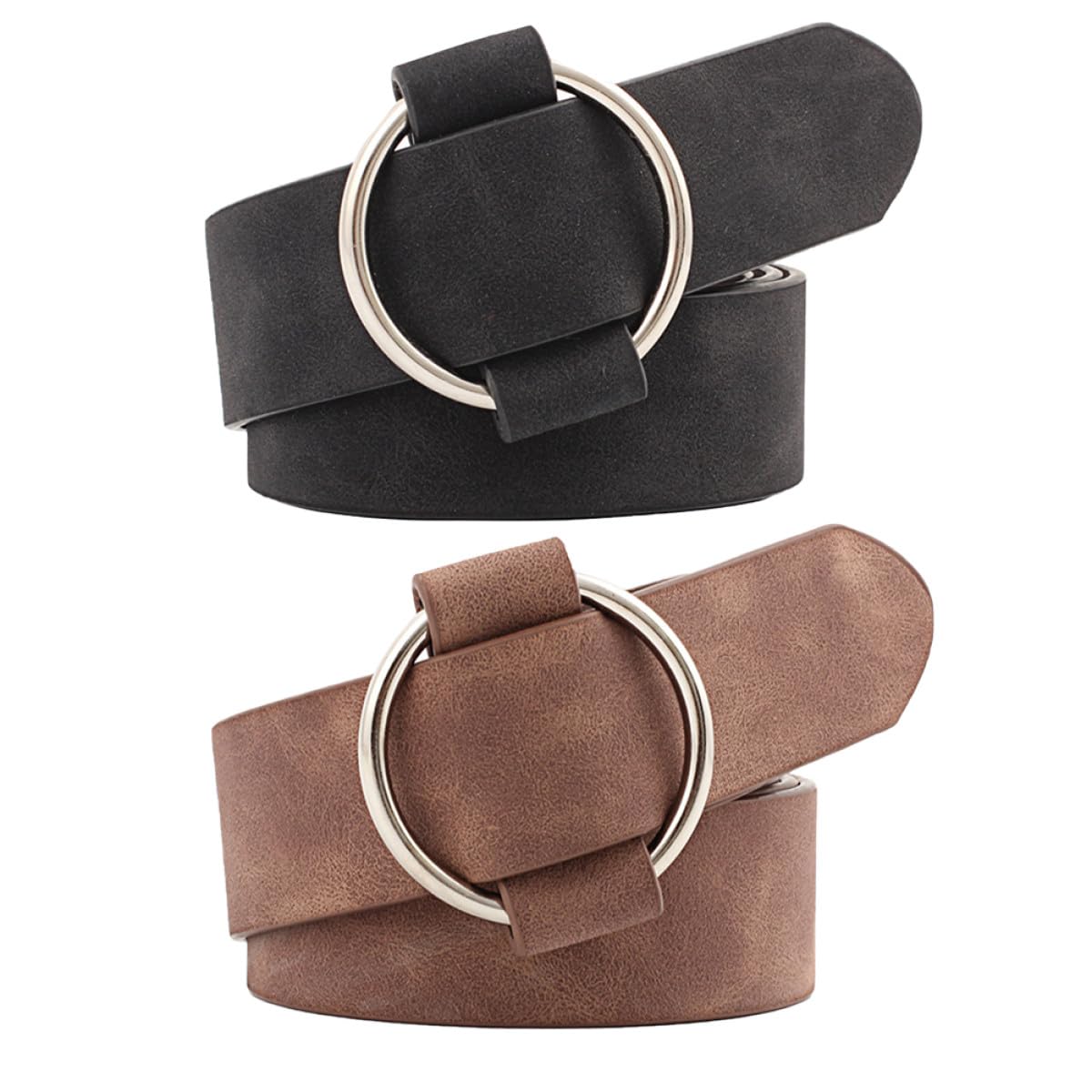 2pcs Women’s No Needle round Pin Buckle Belt Set, Wide Pu Leather Waistband Strap Girdle in Black and Coffee, Solid Fashion Waist Belt for Casual and Dress Use
