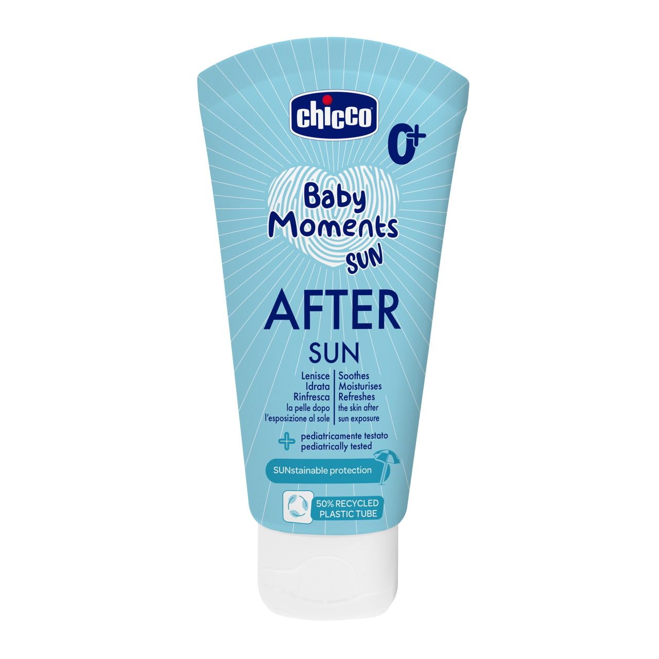 Chicco Leche después del sol, calma la piel del bebé después del sol, hidrata la piel enrojecida, textura ligera, proporciona alivio instantáneo, efecto refrescante, 150 ml