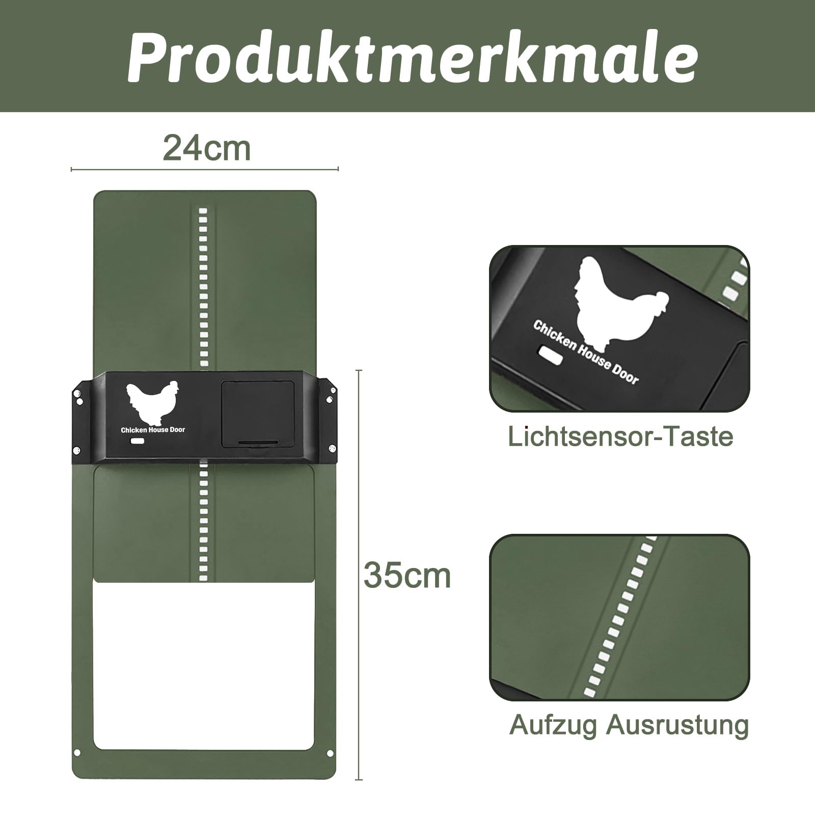 Automatische Hühnerklappe, Elektrische Hühnerklappe Automatisch, Automatischer Türöffner Hühnerstall, Hühnertür Inklusive Schieber Mit Führungsschienen, Sichere Hühneraufzucht(Grün)