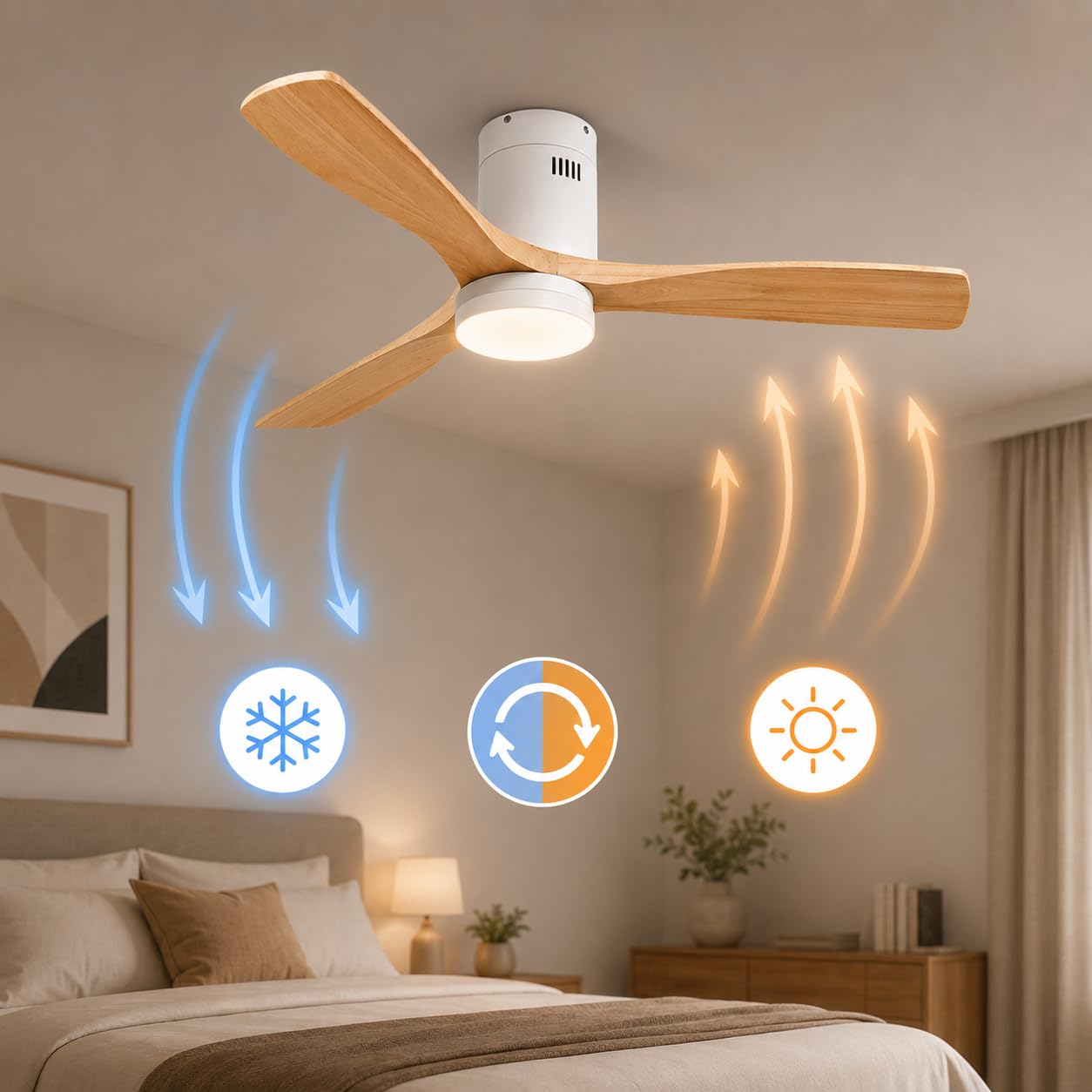 M Ledme - Wentylator sufitowy LED Energy 58 W, biały, pilot zdalnego sterowania, silnik prądu stałego 40 W + światło LED 18 W, 6 prędkości, cicha, 3 łopatki z naturalnego drewna, 132 cm, funkcja