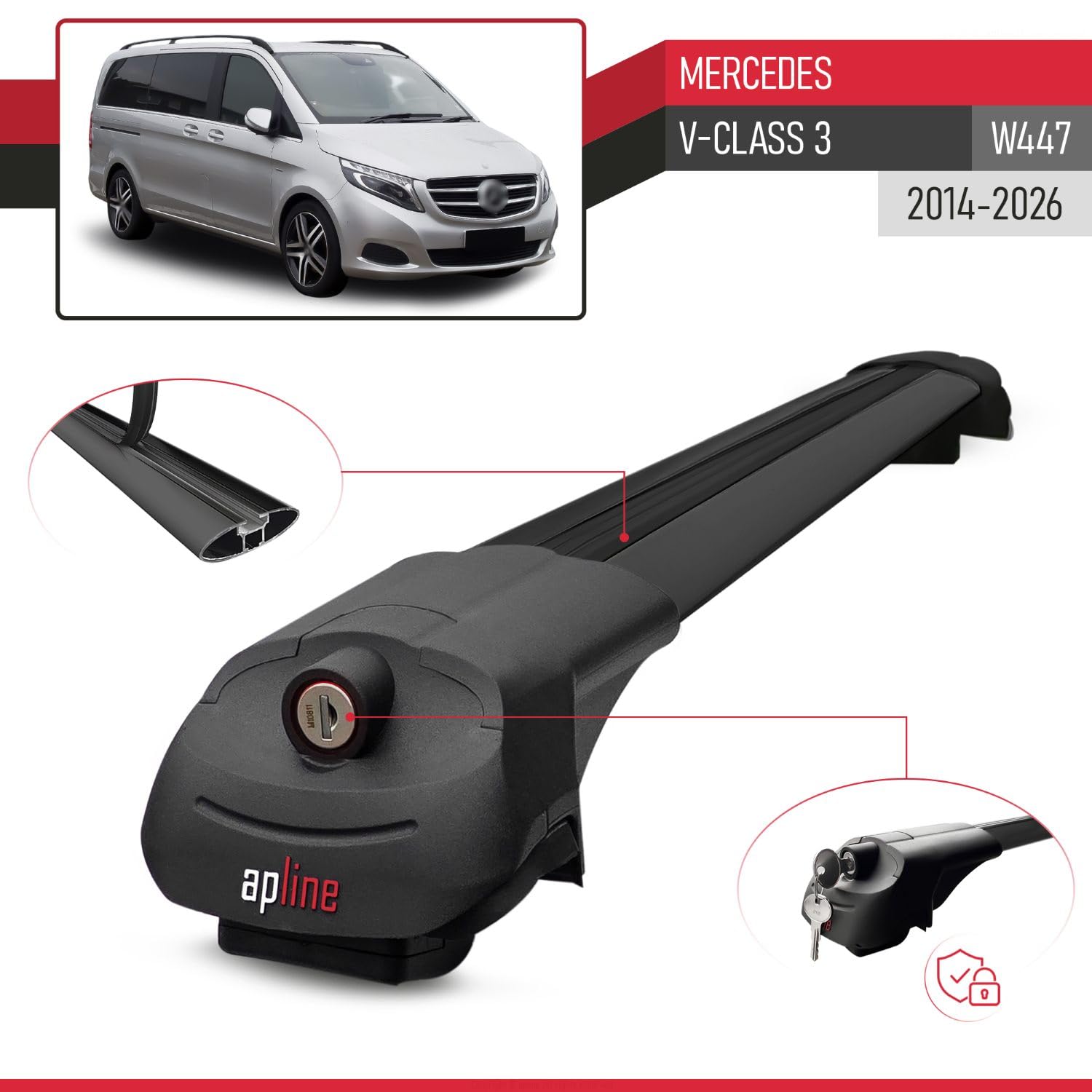 Kompatibel mit Mercedes V-Klasse 3 (W447) 2014-2026 ACE-1 Modell Relingträger Dachträger Auto Gepäckträger Schwarz Aluminium 2 Stangen