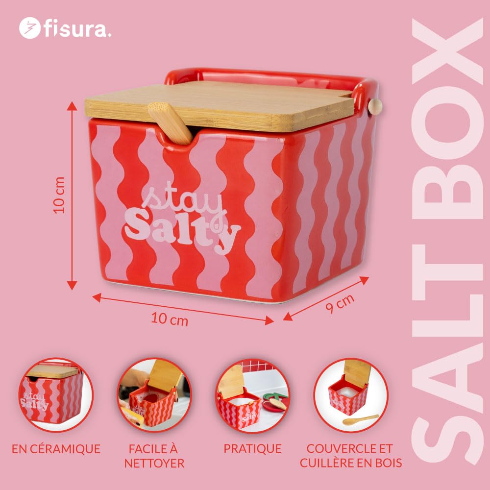 Fisura Salière Géante Rose 'Stay Salty' – Pot Carré Céramique 680 Ml Avec Couvercle Bois Et Cuillère, Ultra Fun Pour Sel, Sucre Ou Épices