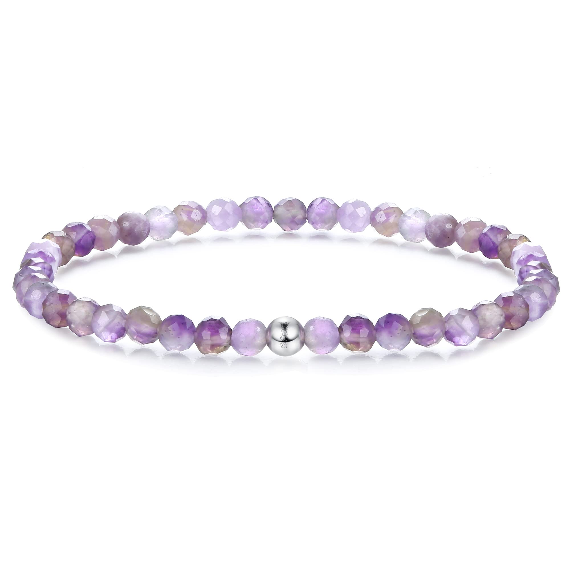 JeweBella 4MM Pulsera de Piedra Natural Mujer con Perle de Plata de Ley 925 Ajustable Pulsera Cuarzo Rosa Amatista Agata Negra Hematites Elástica Energía Pulsera