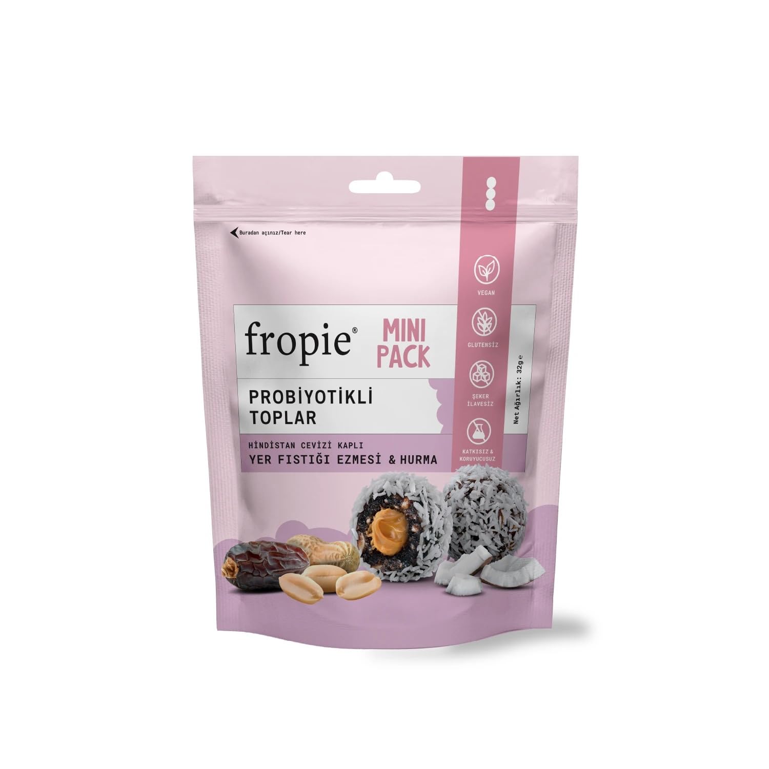 Fropie Mini Probiyotik Topları - Hindistan Cevizi Kaplı & Yer Fıstığı Ezmeli 32 gr