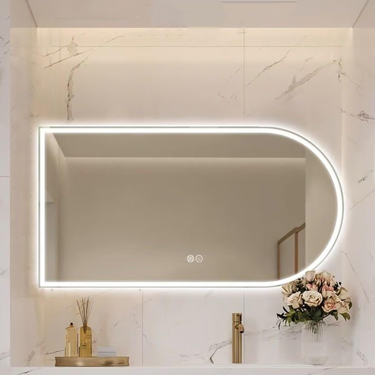 FGXHHS Lighted with 3-Color Dimmable Frontlit & Backlit Wall Mounted Frameless Arched LED Anti-Fog for Washroom Vertical/Horizontal(Cut Left,50x80cm)