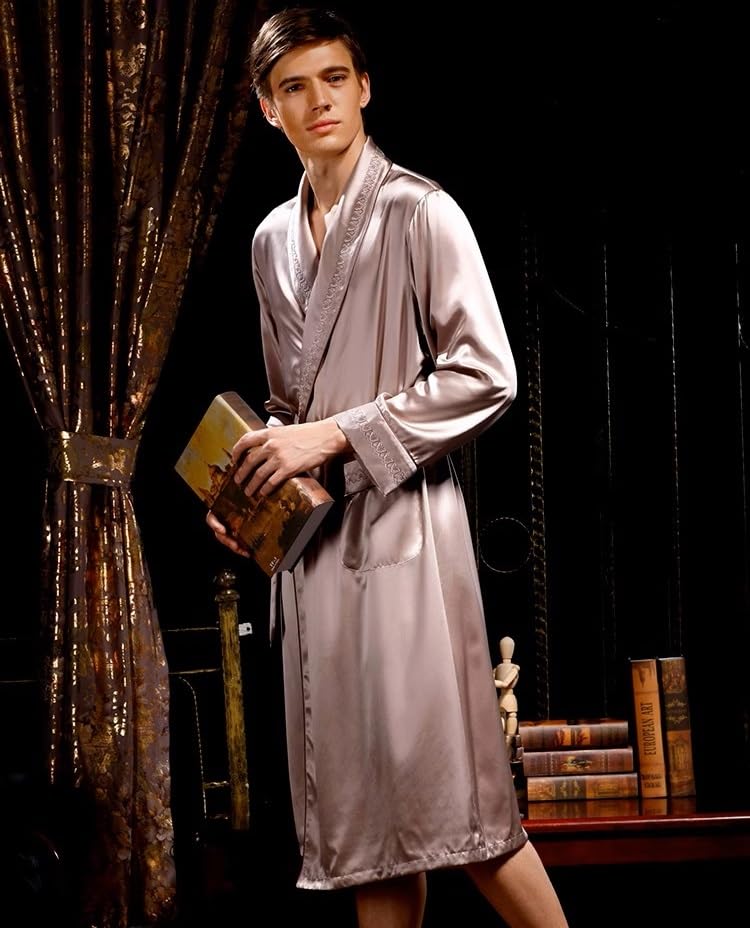 Image of Men's 100% Mulberry Silk Long Robe Kimono Paisley Print Bath Robe, Heavy Silk 19 Momme Dressing Gown
