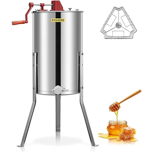 FOHERE 3 Frame Honey Extractor, Food Grade Stainless Steel Manual Beekeeping Extraction, Apiary Centrifuge Equipment with Height Adjustable Stand, Perfect for Hobby Beekeepers & Home Apiaries