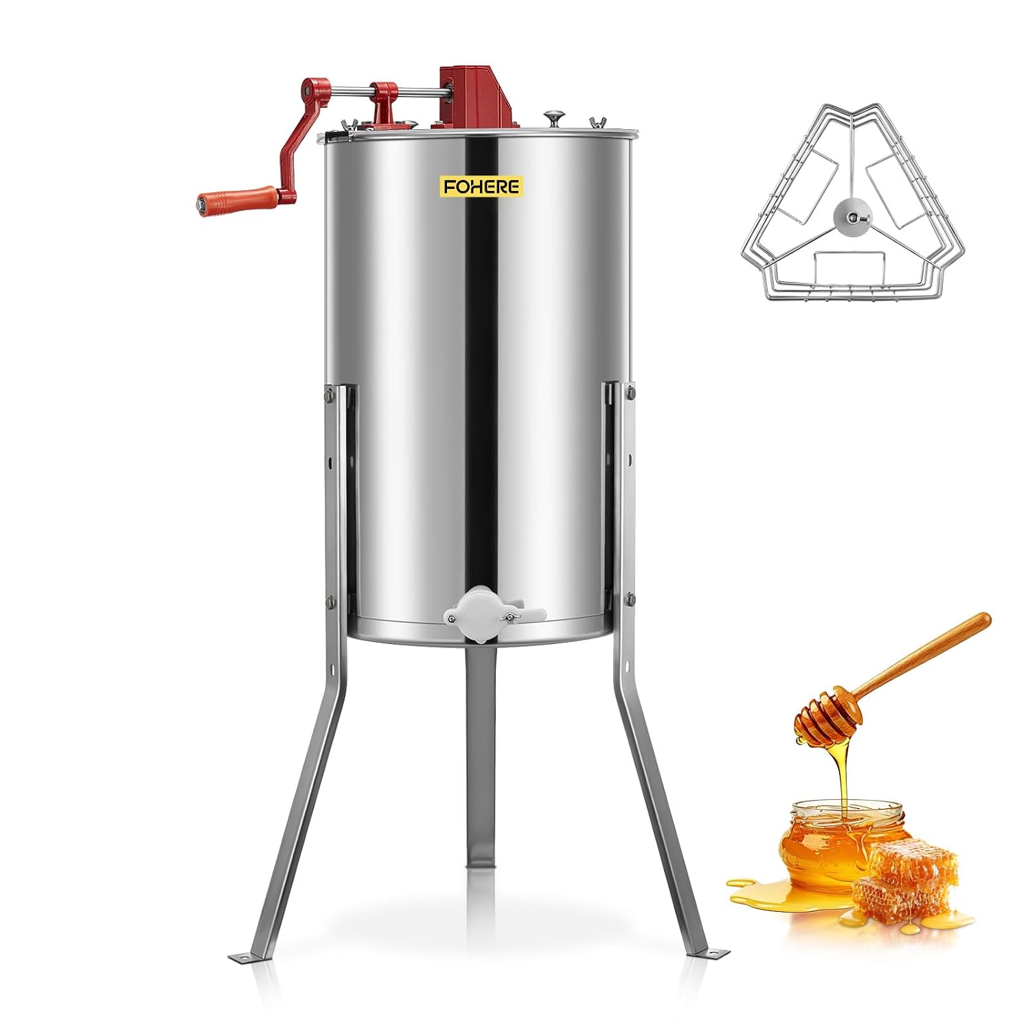 FOHERE 3-Frame Honey Extractor, Food-Grade Stainless Steel Manual Beekeeping Equipment, Apiary Centrifuge with Height-Adjustable Stand, Perfect for Hobby Beekeepers & Home Apiaries