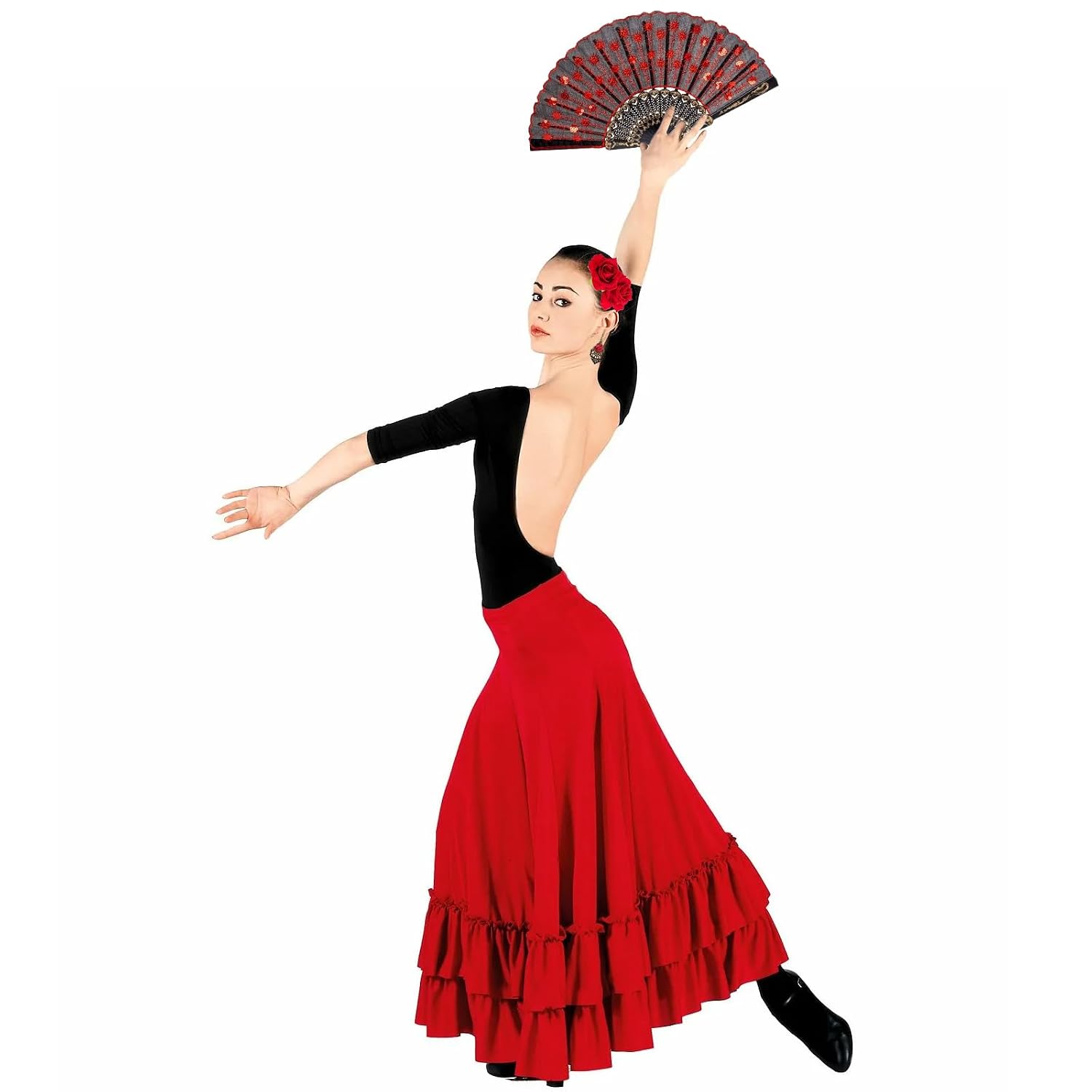Flamenco Dress for Women 4 Pack Accessories Set, Spanish Fan Included, Rose Hair Clip, Lace Choker and Earrings, Spanish Style Costume Kit for Dancer Party