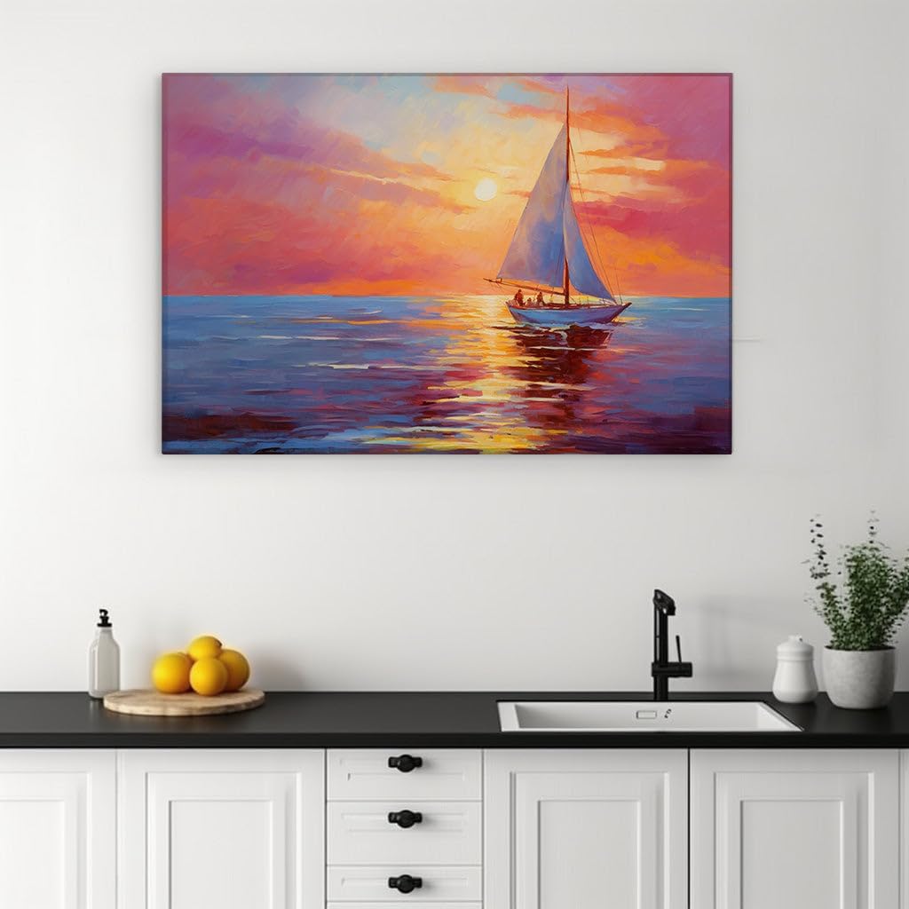 Canvas for Living room. Sailing into Serenity The Mesmerizing Sunset Seascape Unveiled, 27 x 18 inch Canvas Wall Art - Contemporary Masterpieces - Modern Home Decor