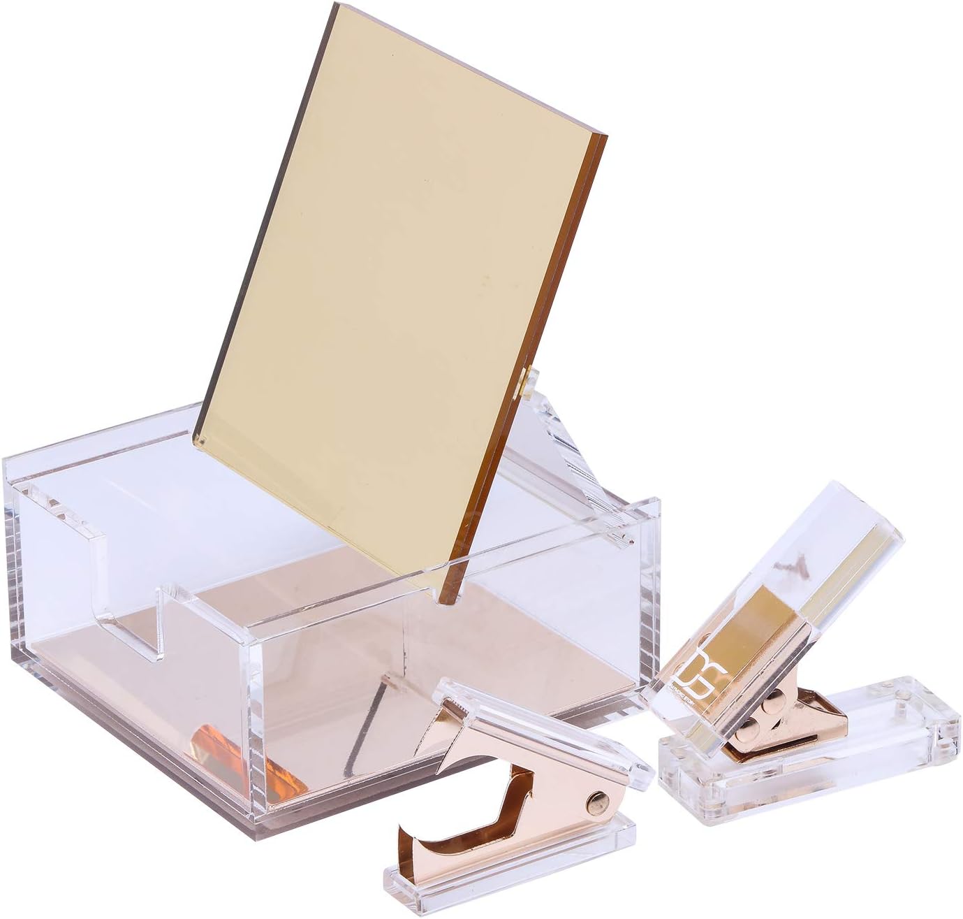 Acrylic & Gold Stationery Bundle: 1) Hole Punch 1) Staple Remover 1) Built-in Mirror Box - All Gold Everything by Draymond Story