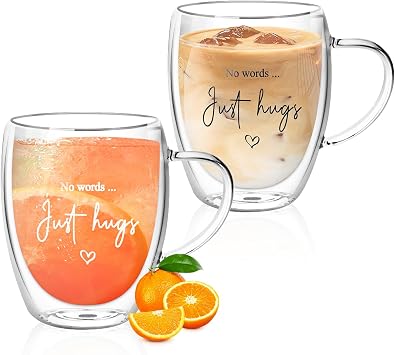 12oz/350ml Glass Coffee Mugs, Double Walled Espresso Cups with Handle, No Words Just Hugs Clear Coffee Mugs, Cappuccino Latte Tea Cups for Home Kitchen Dinner Party Gift 2 Pack