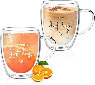 12oz Glass Coffee Mugs, Double Walled Espresso Cups with Handle, No Words Just Hugs Clear Coffee Mugs, Cappuccino Latte Tea Cups for Home Kitchen Dinner Party Gift (2 Pack)